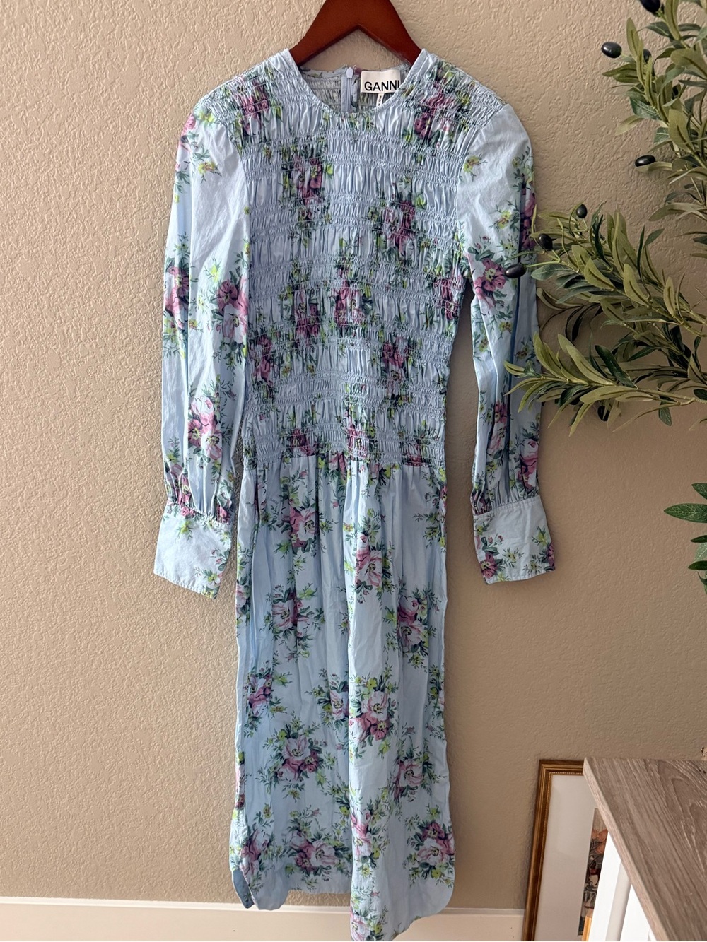 GANNI Blue Floral Smocked Organic Cotton Midi Dress Size 36